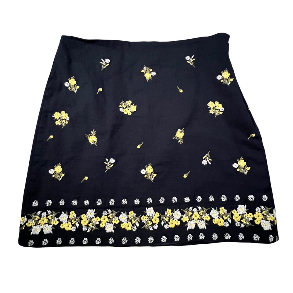 LOFT Mini Skirt Women Size 10 Navy Blue Floral Embroidered A-Line Side Zip
